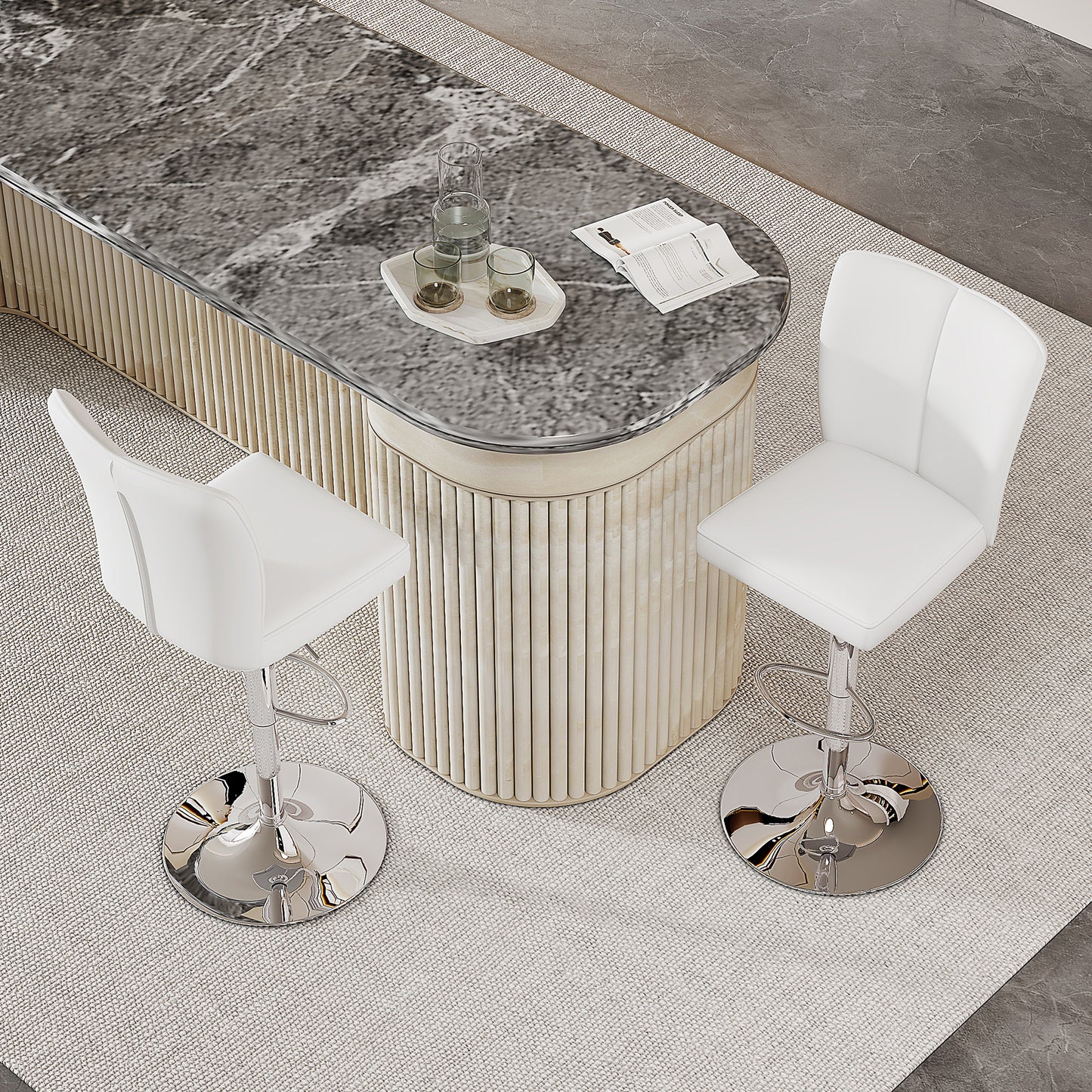 Height-adjustable Bar Stool In A Set Of 2, Can Be Rotated 360 . Luxurious Bar Stool In Silver And White Design Made Of Water-repellent PU Leather, Suitable For Kitchen Islands. Various Colors Availabl