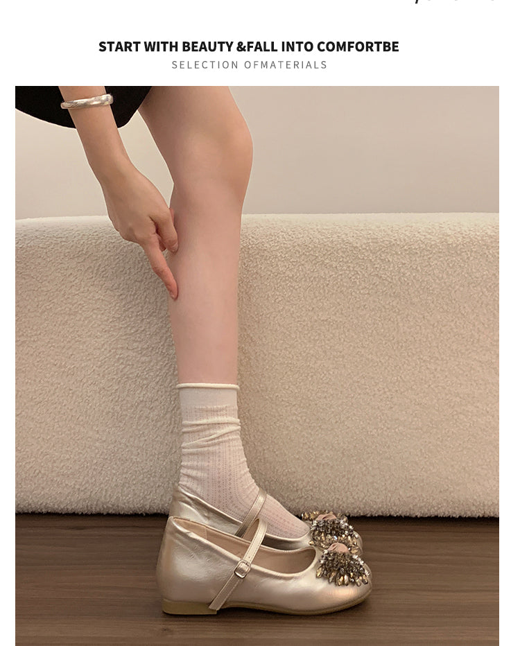 In Stock Women's Mary Jane Flats With Rhinestone Bows, 2026 New Spring Summer Gentle Evening Style Shallow Mouth Soft Sole Leather Shoes