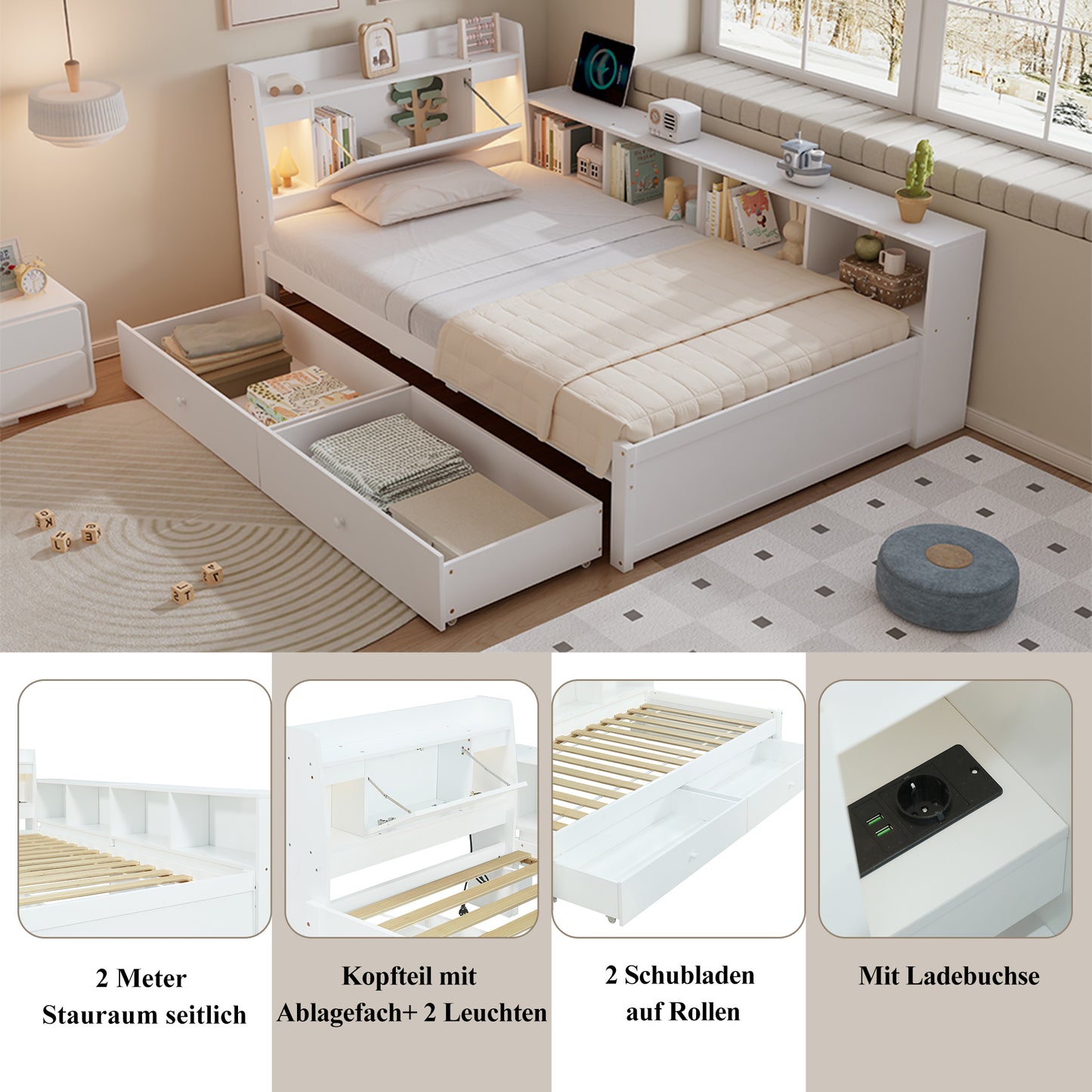Single Bed, Panel Bed, Headboard With Storage Compartment  2 Lights, With Charging Socket, Side Storage Cabinets And Drawers, Pine Chipboard MDF, White, 90x200cm