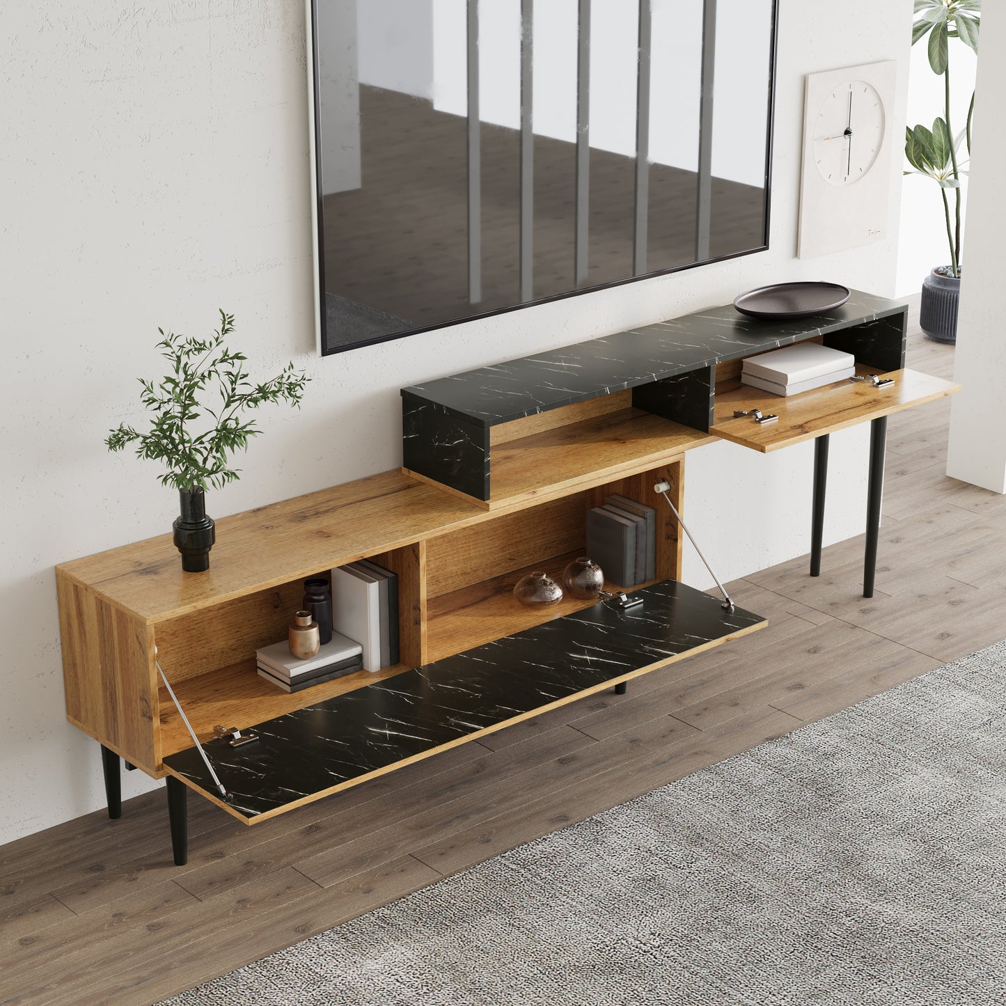 Modern TV Stand With Marble And Wood Grain Design, PVC Edge, Iron Legs, Dark Wood Color, Home Decoration, Space-saving, Durable And Long-lasting