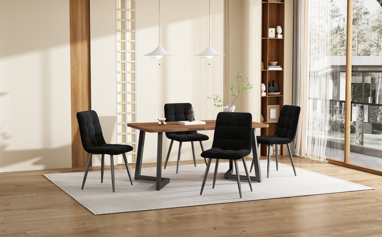 Dining Set  5 Pcs ,Dining Table With 4 Chairs Set, Modern Kitchen Table Set, Wood Grain Kitchen Table With Black Metal Legs, MDF Table Top In Walnut Color,Black Velvet Dining Chairs