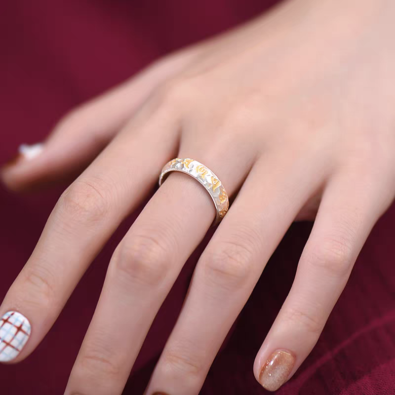 1pc 999 Sterling Silver Hammered Gold-plated Mantra Open Ring, Retro Zen Style, Perfect For Daily Wear & Valentine's Day Gift