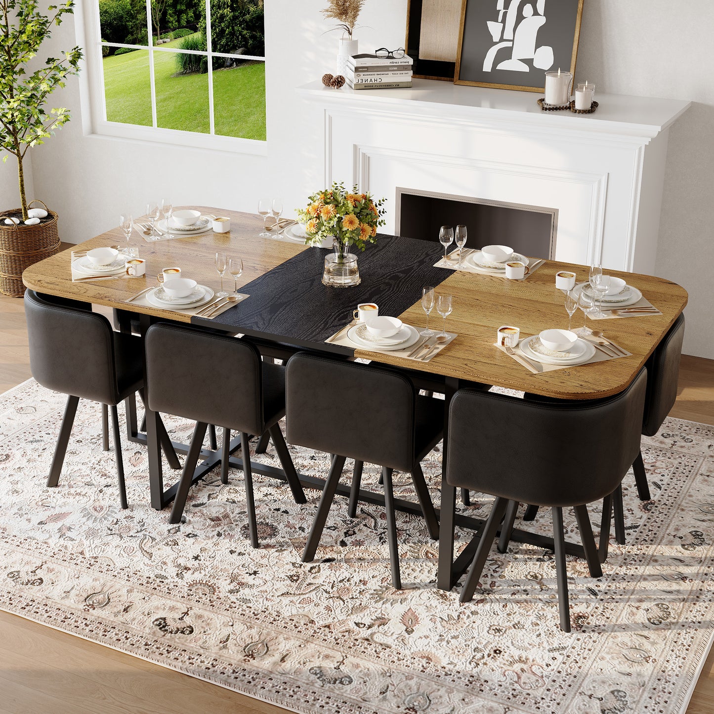 9-Piece Square Dining Table Set, Fixed Two-Tone Wood Grain & Black Wood Grain Triamine Tabletop With 8 Black Faux Leather Chairs, Modern Kitchen Table Set For 8 People, Ideal For Family Gatherings