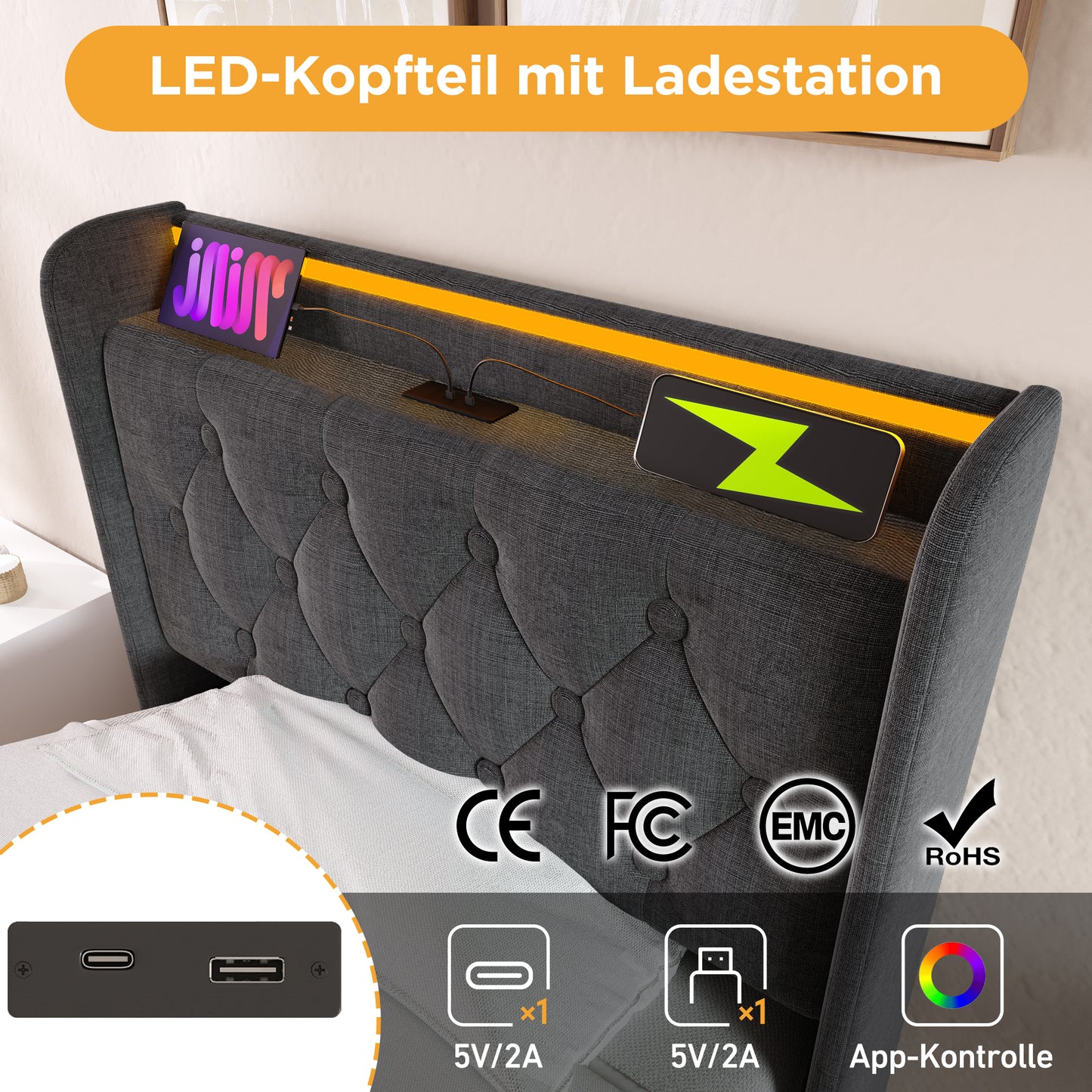 Upholstered Bed Single Bed,360 Surround LED Function, Push Button App Remote Control,90x200Cm, Gray Linen Material Hydraulic Storage Bed, Upholstered Headboard With USB Type-C Charging Function