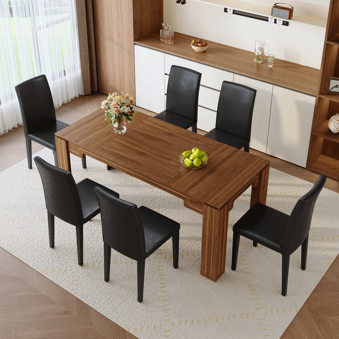 Table And Chair Set.71 X 31.5 Inch Walnut Wood Grain Dining Table, Paired With A Set Of 6 Black PU Dining Chairs. 1 Table, 6 Chairs, Home Dining Table And Chair Combination.