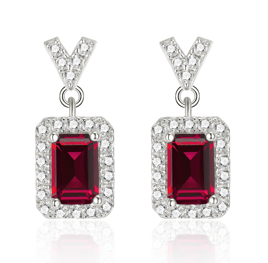 S925 Sterling Silver V-Shape Halo Drop Earrings, 6x4mm Lab-Grown Ruby & Emerald, Platinum Plated 2.6g, Women's Jewelry Gift Box