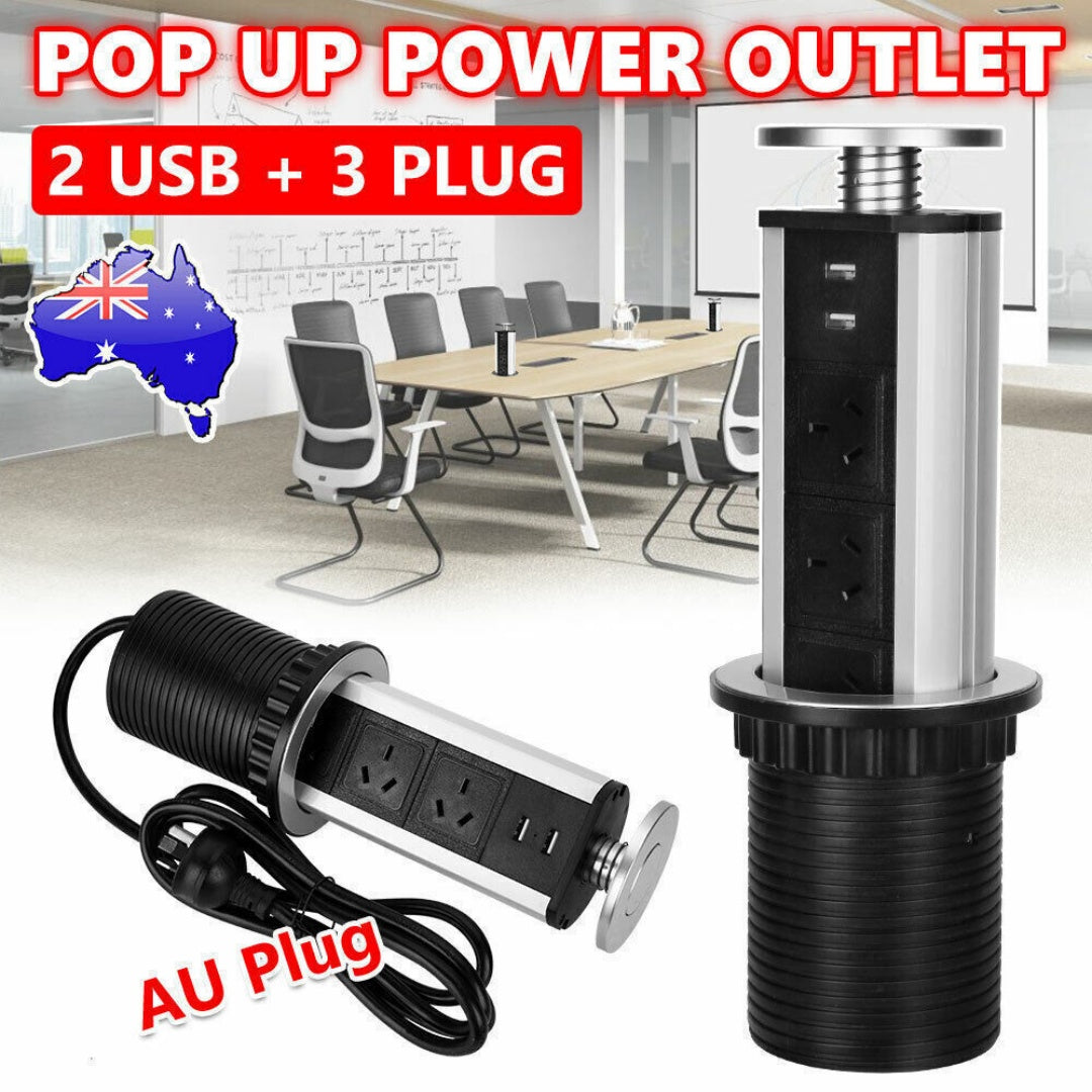 Pop Up Power Point 3 Socket Plug   2 USB Table Home Kitchen Desk Outlet