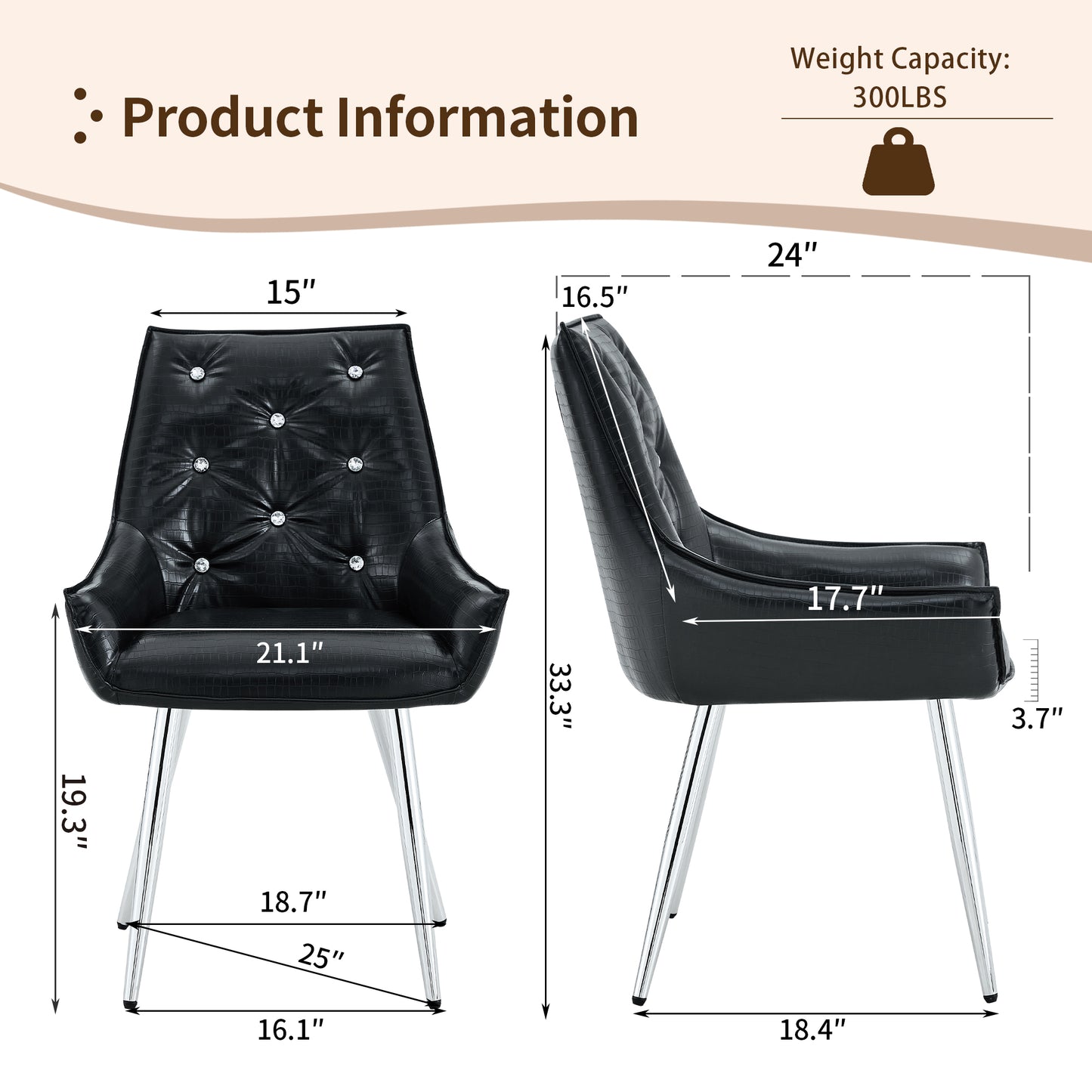 Pattern Premium PU Leather Accent Chair, Diamond Decor Backrest, Chrome Silver Metal Legs & High-Resilience Sponge Cushion - Versatile For Office, Dining Room & Living Room  Black, Set Of 2