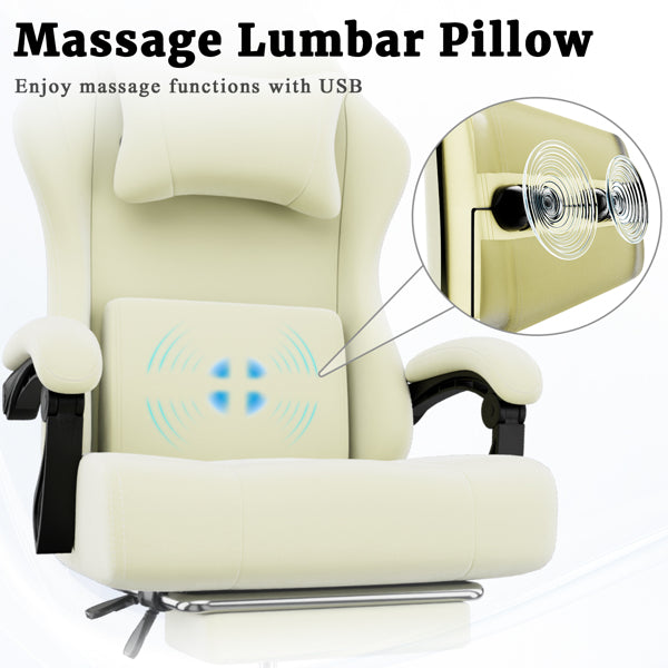 Ergonomic Gaming Chair, Video Game Chair With Massage Lumbar Support And Footrest, Height Adjustable Fabric Computer Chair With Pocket Spring Cushion, White