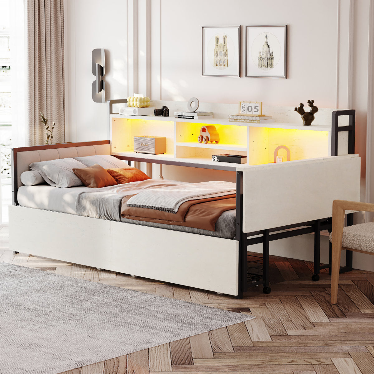 Iron Sofa Bed 90 X 200 Cm, With LED Lighting And Storage Space, With Drawers And Multifunctional Socket, Fold-out Desk, Soft Backrest, Single Bed, White