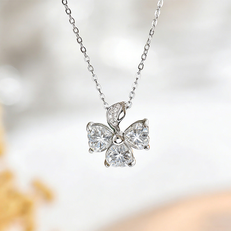 S925 Sterling Silver 3-Leaf Clover Moissanite Necklace 3pcs 6x6mm Heart Cut Stones GRA Certified 45cm Platinum Gold Plated Gift Box