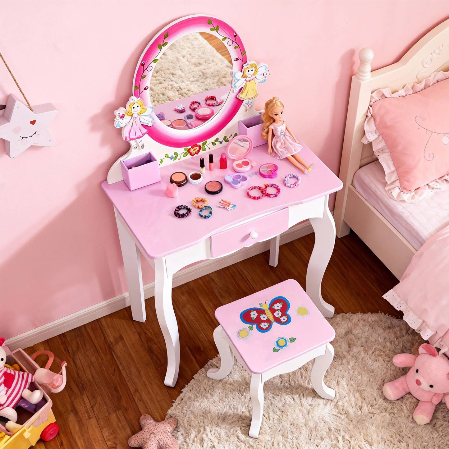 Kids Vanity Set Floral Printed Wooden Makeup Dressing Princess Table With Mirror And Stool For Role Playing Pink