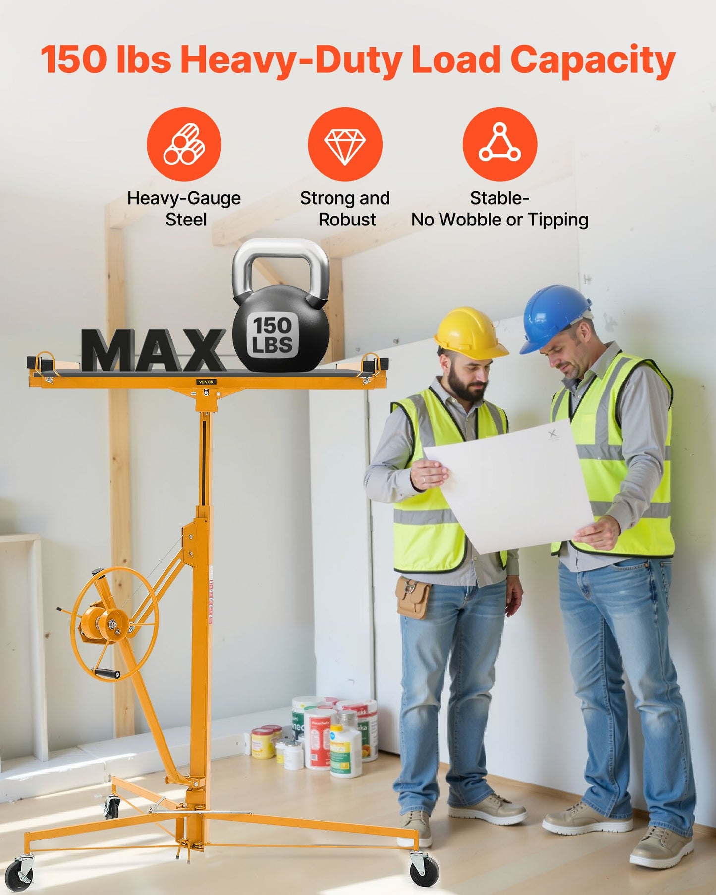 11ft Drywall Lift, Heavy-Duty 150 Lbs Sheetrock Hoist With Adjustable Telescoping Arm, Lockable Wheels, Drywall Lifter Panel Jack Hoist Tools Ideal For Ceiling & Wall Installation (Yellow)