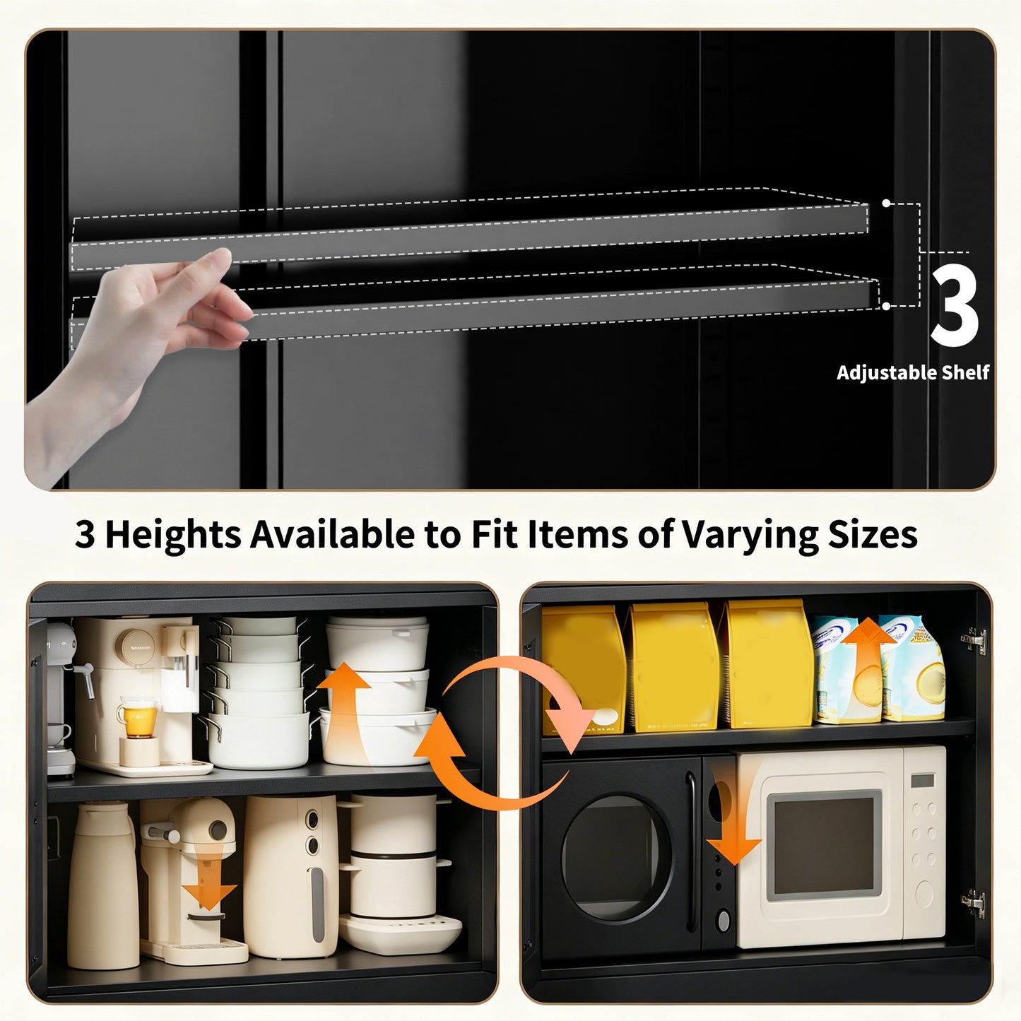 47.3  Black Metal Kitchen Pantry Cabinet Adjustable Storage With 3 Shelves  110lb Capacity , Heavy Duty Freestanding Pantry Organizer For Kitchen, Pantry, Living Room