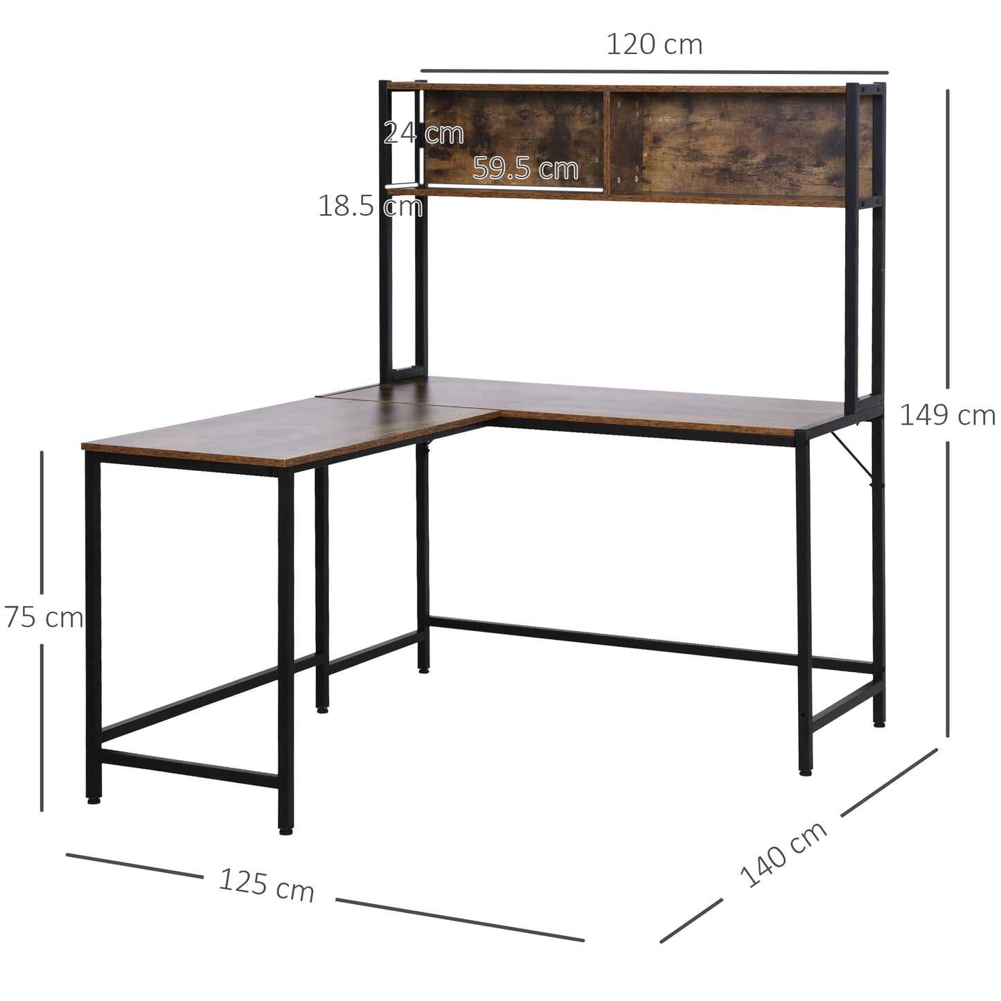 L Shaped Desk With Book Shelf, Industrial Corner Computer Desk, Writing Table With Steel Frame For Home Office, Bedroom, Study Room, 140 X 125cm, Brown