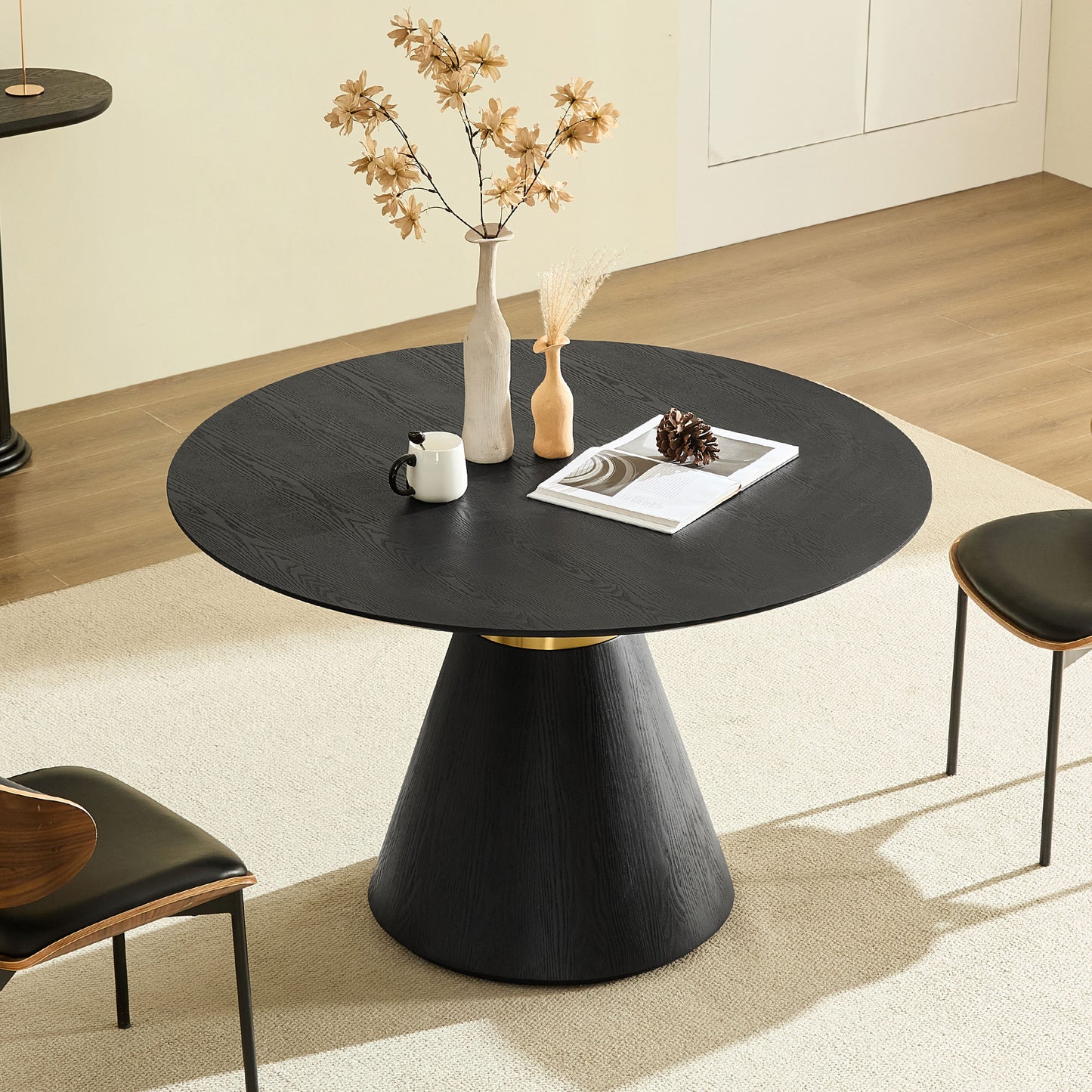 47.24   Round Dining Table Modern Kitchen Table Black Pedestal Base With Gold Trim Ring, Stylish Glam Dining Room Furniture