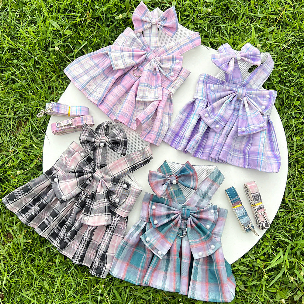 Pet JK-style Plaid Dog Dress With Leash Accessories