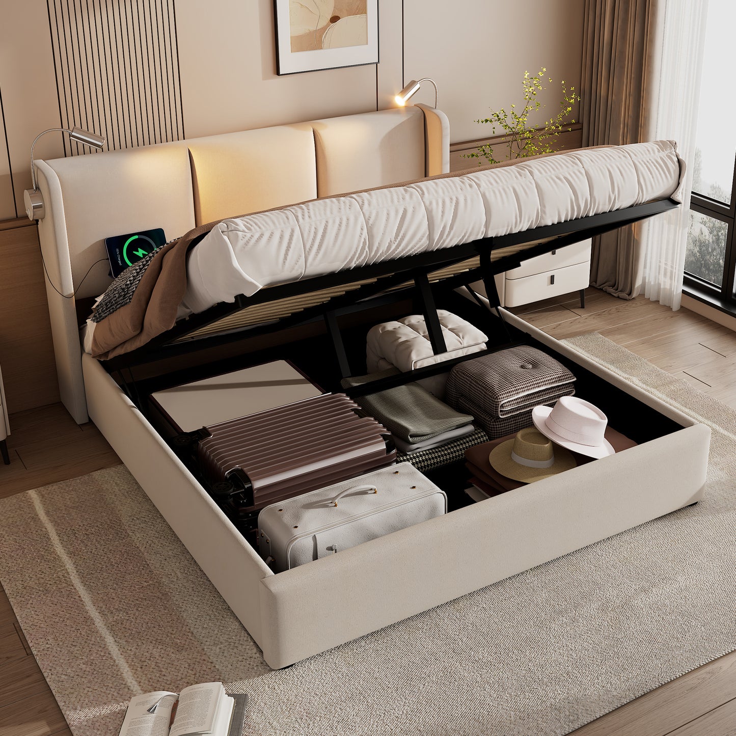 Upholstered Bed Double Bed Storage Storage Storage Light With USB Charging Headboard,Storage Beds Bed Frame Made Of Linen Material Youth Bed Bed 160x200 With Slatted Base Without Mattress