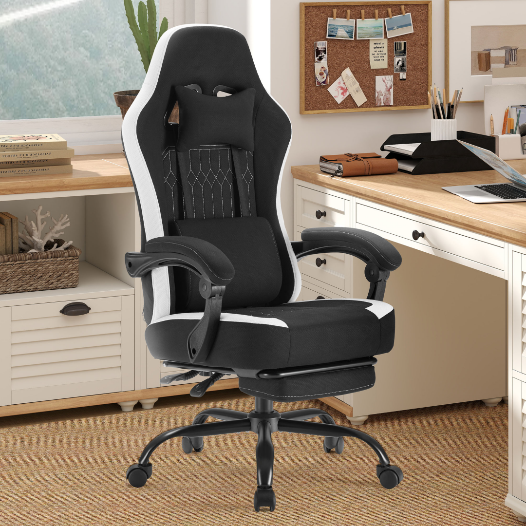 Computer Game Chair - Lumbar Support, Adjustable Height With Armrests And Headrests, 360 Rotating Wheels