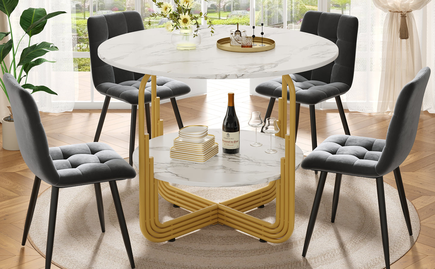 Round Dining Table 80x80x76cm, Kitchen Dining Table, Round Coffee Table For 4 People, Small Round Plate In The Middle For Storage, Suitable For Dining Room, Living Room, MDF Marble Table Top