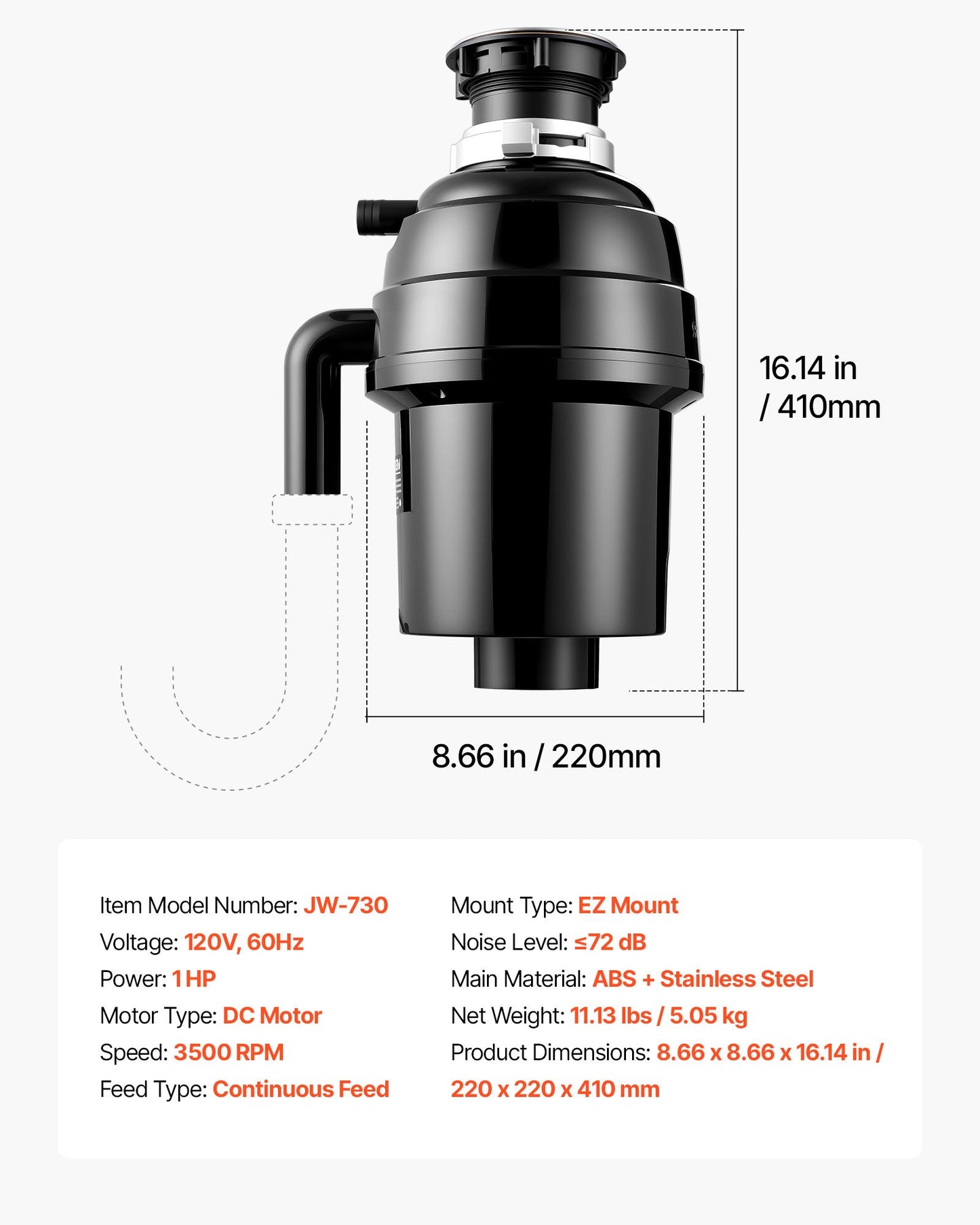 Food Waste Garbage Disposal, 1HP 3500RPM DC Motor, Continuous Feed Kitchen Sink Garbage Disposer, EZ Connect Food Waste Grinding System With Sound Reduction & Power Cord For Kitchens