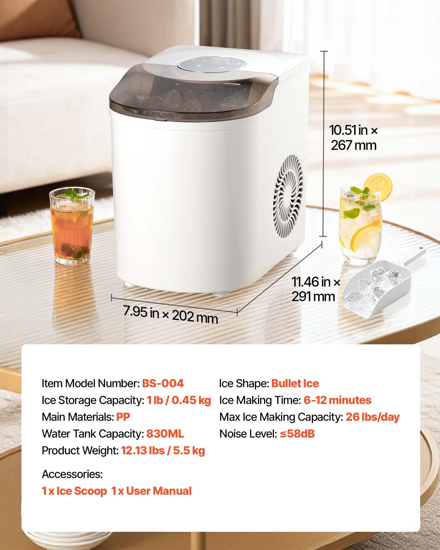 Countertop Ice Maker, 7 Cubes Ready In 6 Mins, 26 Lbs Per Day, Self-Cleaning Portable Machine With Ice Scoop, Ice-Making Machine With 2 Sizes Bullet Ices For Home, Kitchen, Office, Bar & Party