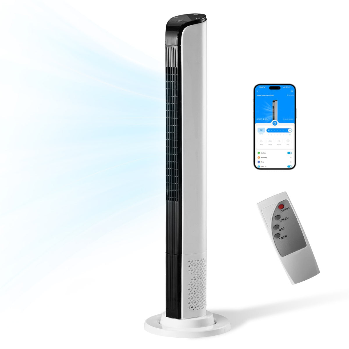 42 Inch Smart Tower Fan, 110V 65W All-Copper Motor Bladeless Standing Fan, Remote WiFi APP Control, Digital Display, 3 Speeds 3 Modes, 12H Timer, Space Saving Tower Fan For Bedroom Living Room, No Wat