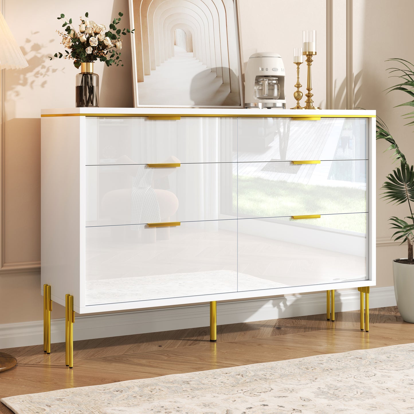 Modern Sideboard Cabinet With 6 Drawers In White And Gold, High-gloss Fronts, Large Storage Space For Living Room, Dining Area & Hallway, Stylish Storage Furniture For Organized Organization