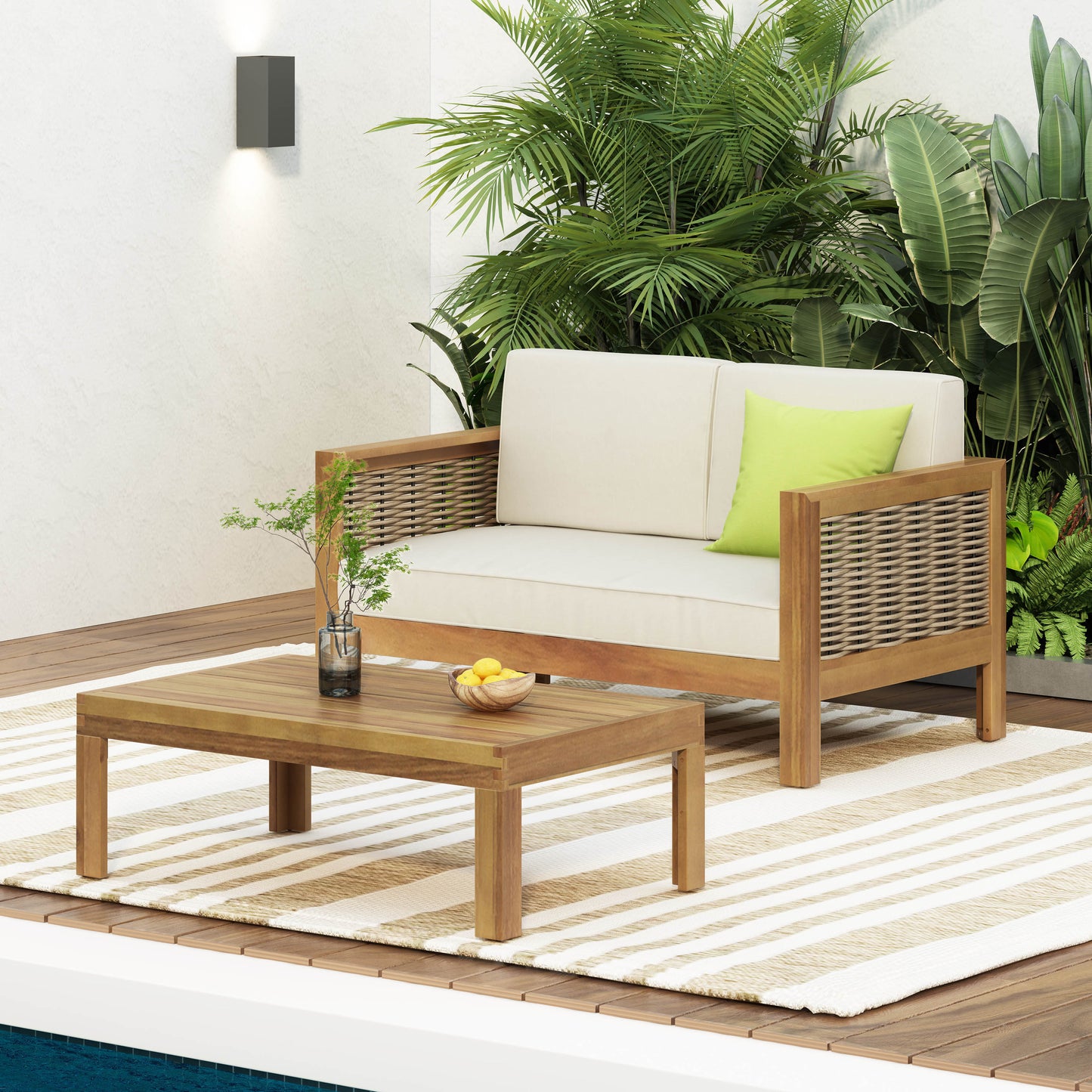 Outdoor Acacia Wood And Wicker Loveseat And Coffee Table Set With Cushions, Teak   Beige