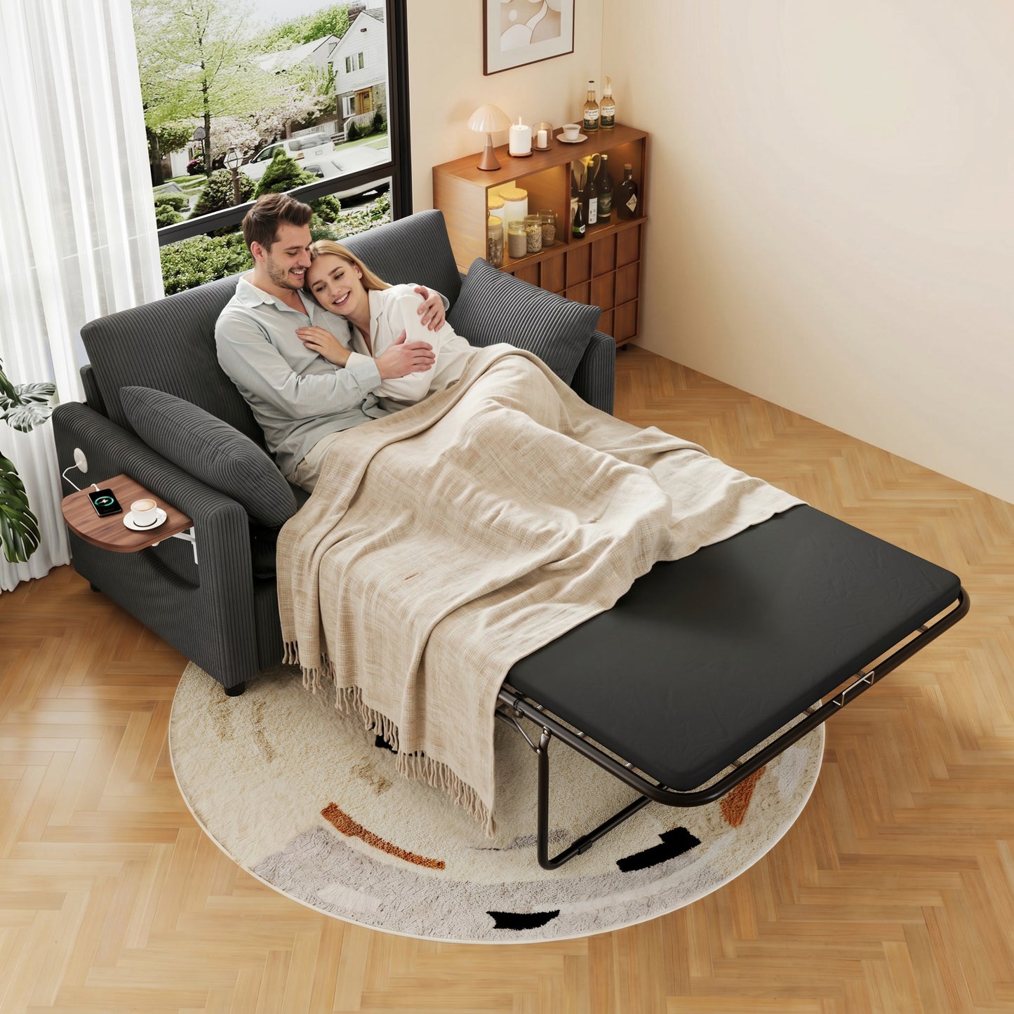 Pull-out 2 Seater Sofa Bed With Sleeping Function, USB Charging Port, Folding Side Table, Mattress, Two Sheets And Two Pillows, Ideal For Living Rooms And Apartments, Grey