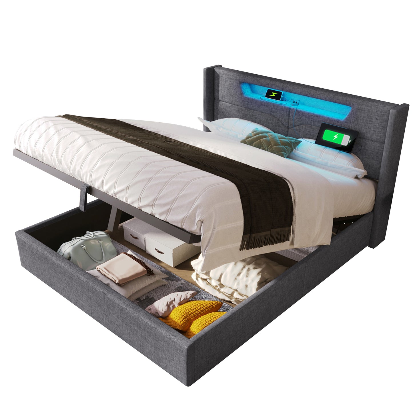 Upholstered Bed LED Double Bed With USB Type C Charging Function And LED Lighting,Storage Beds Bed Frame Made Of Linen Material Youth Bed 160x200 With Slatted Base  Without Mattress
