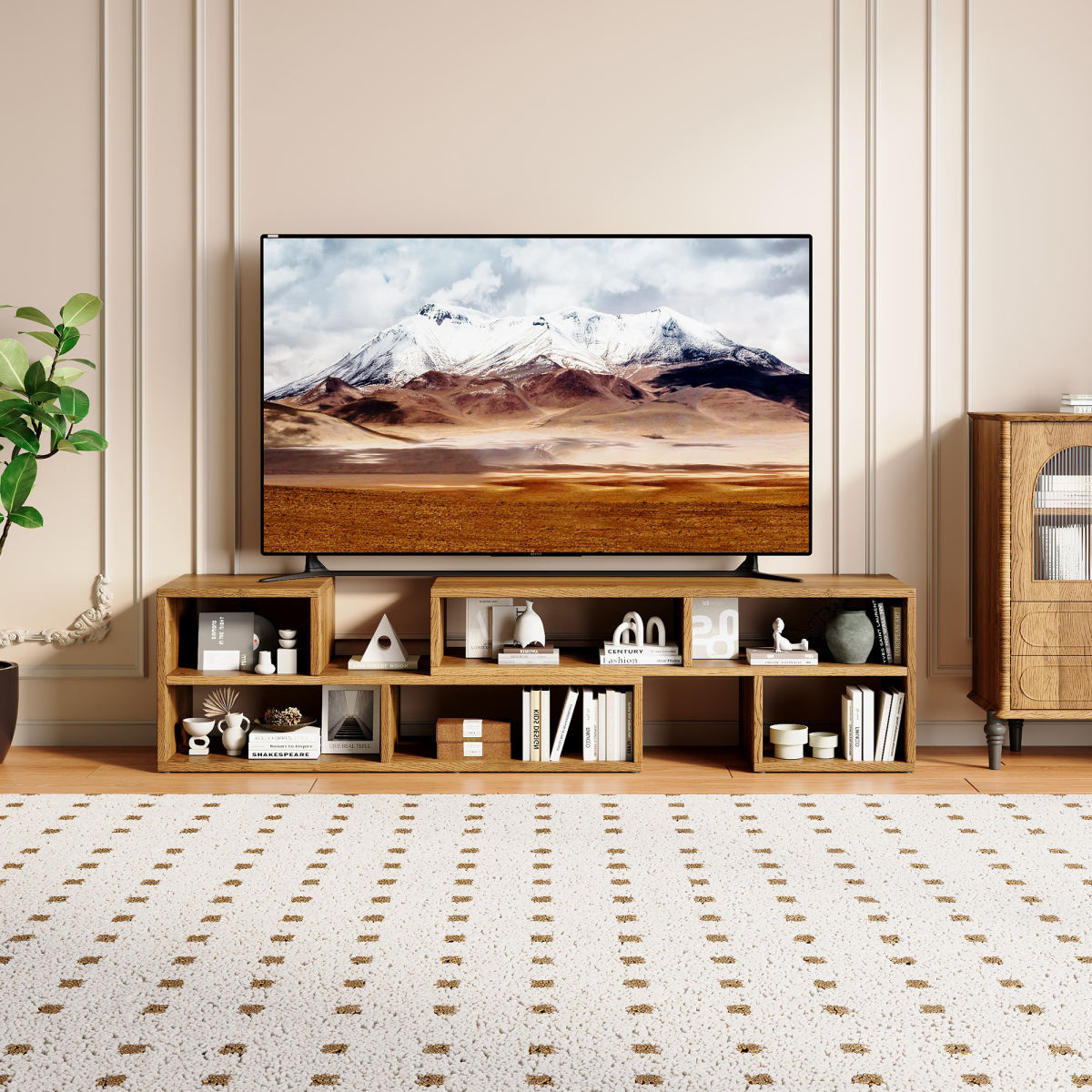Modular Extendable TV Stand, Rustic Wood Media Console With Open Storage Cubbies, Freestyle Combination Entertainment Center, Adjustable TV Cabinet For Living Room Bedroom Apartment