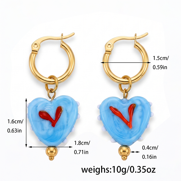 Y2K Light Blue Ceramic Heart Drop Earrings - 18K Gold Plated Stainless Steel Hoop Earrings - Cute Romantic Glazed Porcelain Jewelry Gift For Women