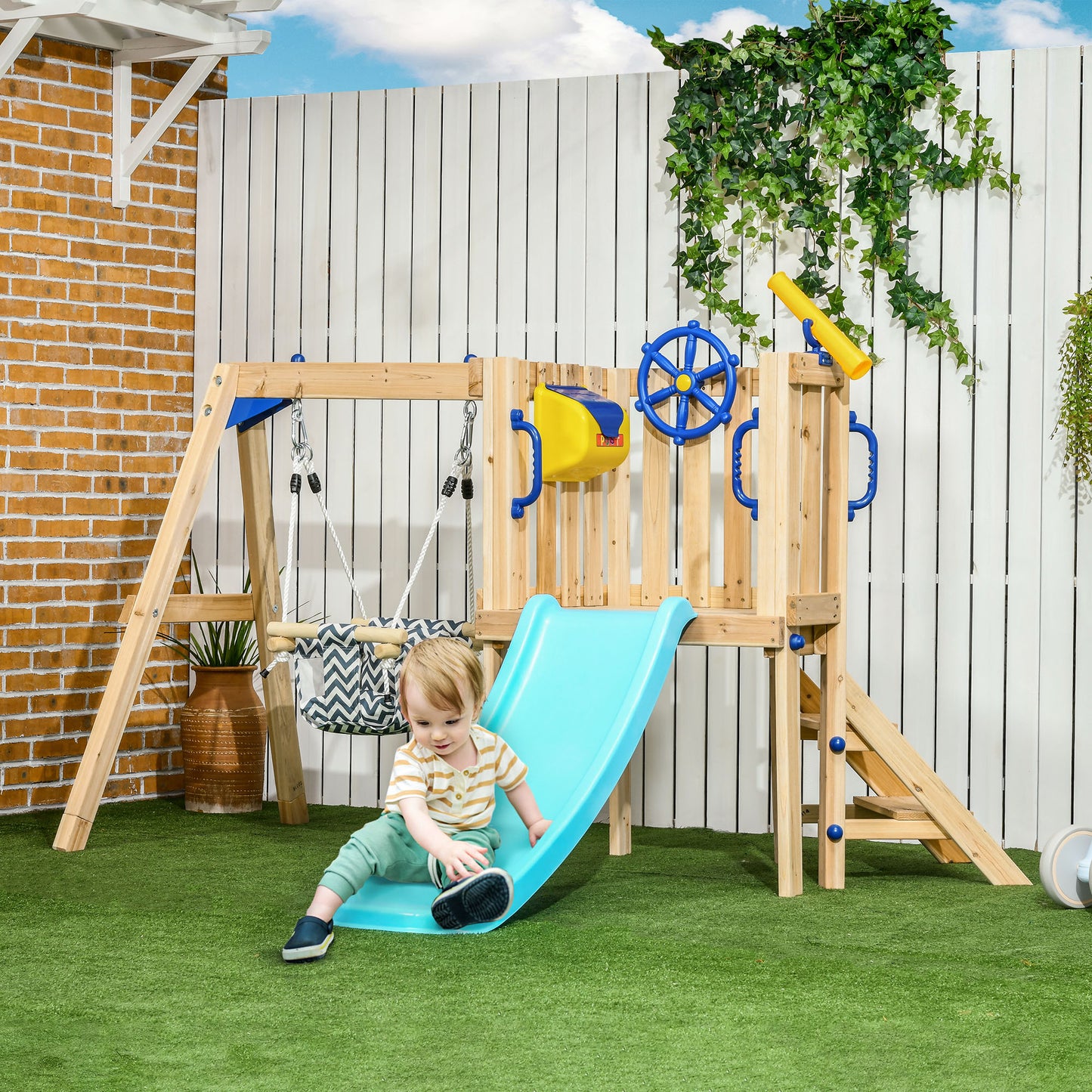Swing Set for Backyard, Wooden Toddler Outdoor Playset with Baby Swing Seat, Kids Slide, Fort, Playground Equipment with Captains Wheel, Telescope for Ages 1.5-4, Natural