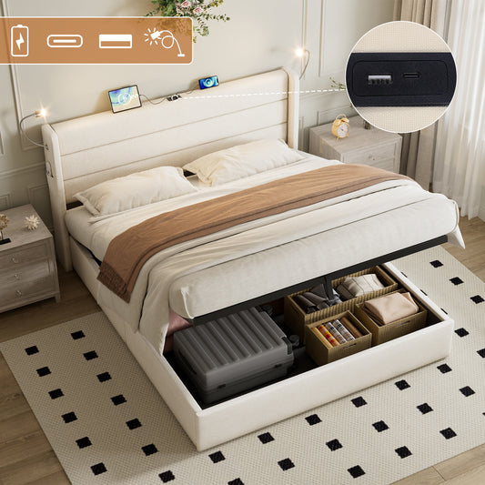 King Upholstered Bed With Charging Station, Linen Hydraulic Storage Bed With Adjustable LED Reading Light, 5ft Double Bed With USB And Type - C Ports, Beige No Mattress