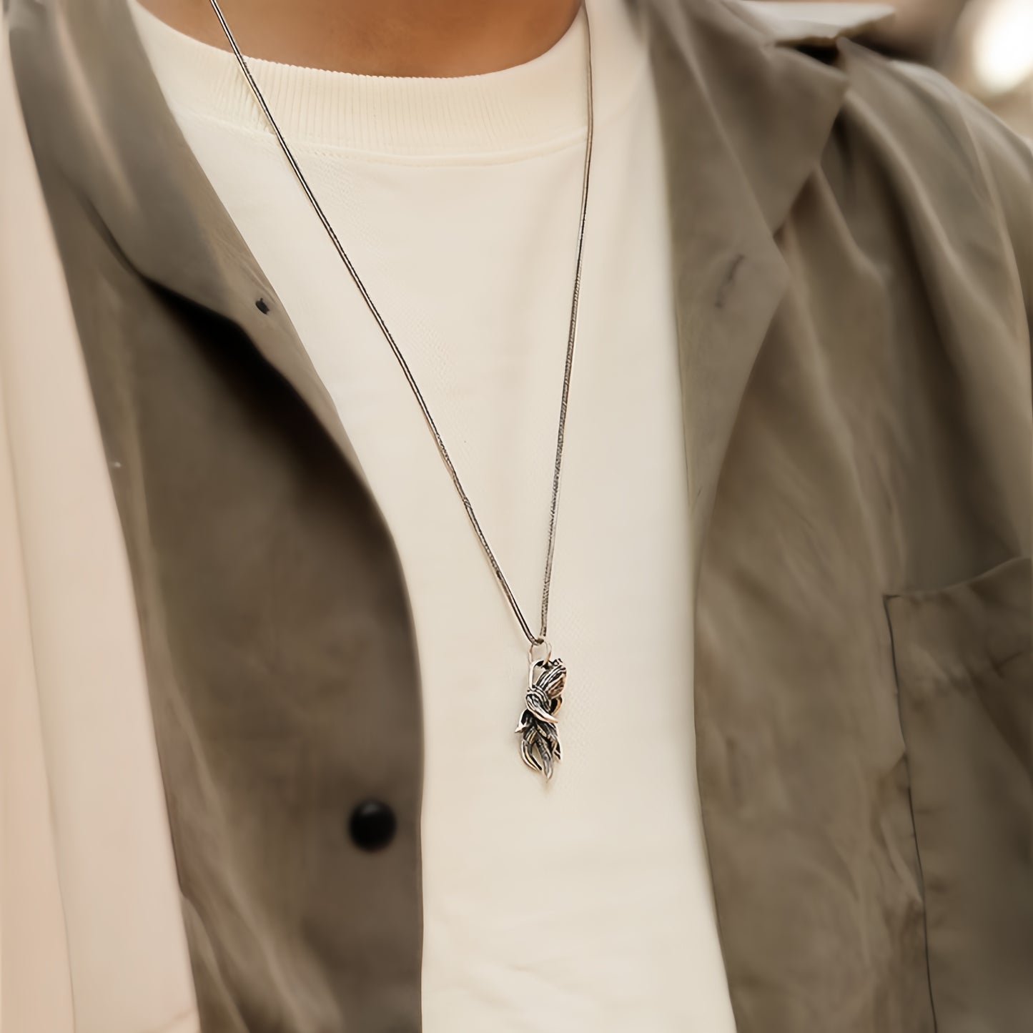 Antique Twisted Rope Wrap Wing Branch Pendant Necklace For Men Women, Copper Plated Silver Vintage Textured Gothic Nature Biker Street Jewelry Gift