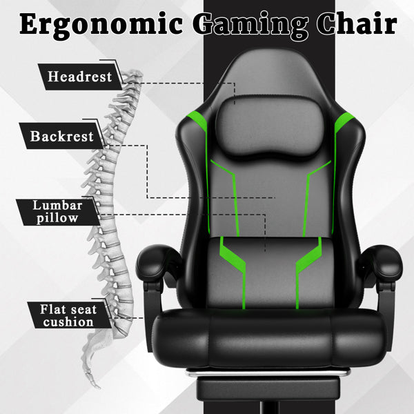 Ergonomic Gaming Chair, Video Game Chair With Pocket Spring Cushion And Footrest, Height Adjustable Computer Chair With Swivel Seat And Headrest  Faux Leather, Green