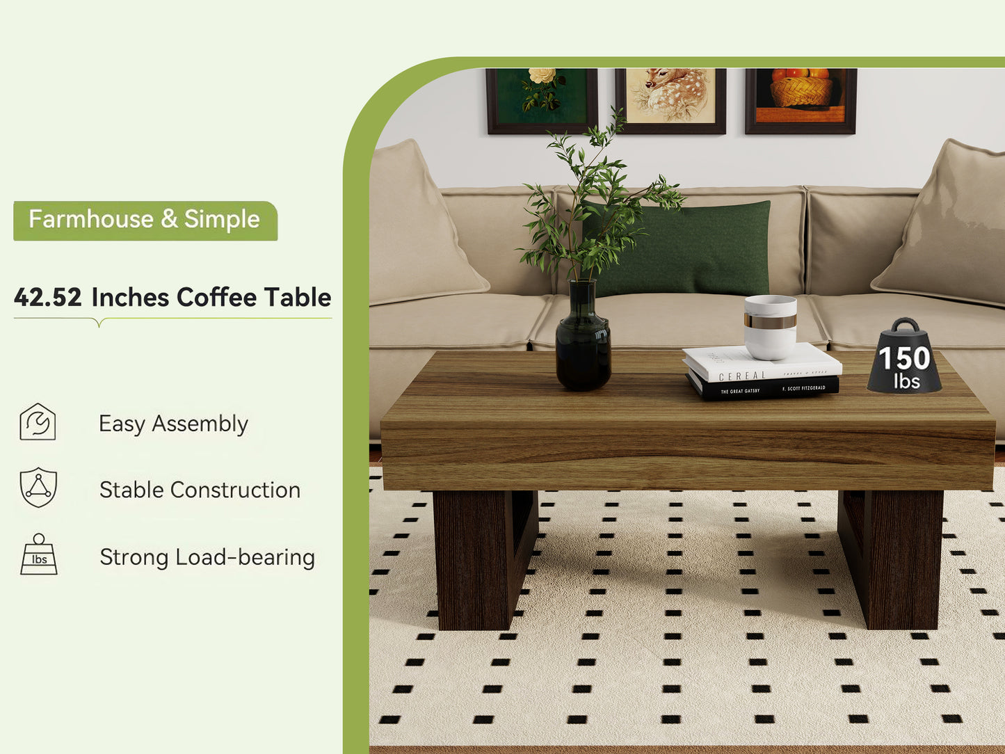 42 Inch Wood Rectangular Coffee Table, All MDF Farmhouse Accent Center Low Cocktail Tea Table With Sturdy Base For Living Room-Rustic Brown