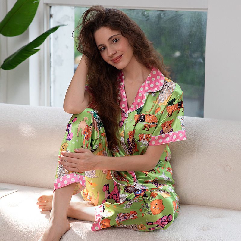 Pet Dog Artificial Silk Green Bottom Contrast Stitching Short Sleeves Trousers Pajamas Suit