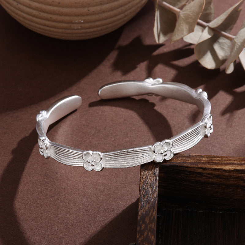 1pcs 925 Sterling Silver Two-Tone Plum Blossom Striped Open Cuff Bangle, Gentle Oriental Style, For Daily Wear & Women Holiday Gifts