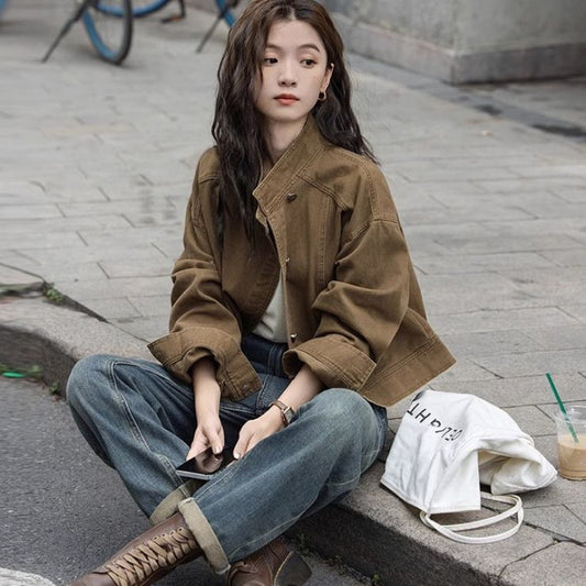 Korean Retro Workwear Stand-collar Jacket For Women