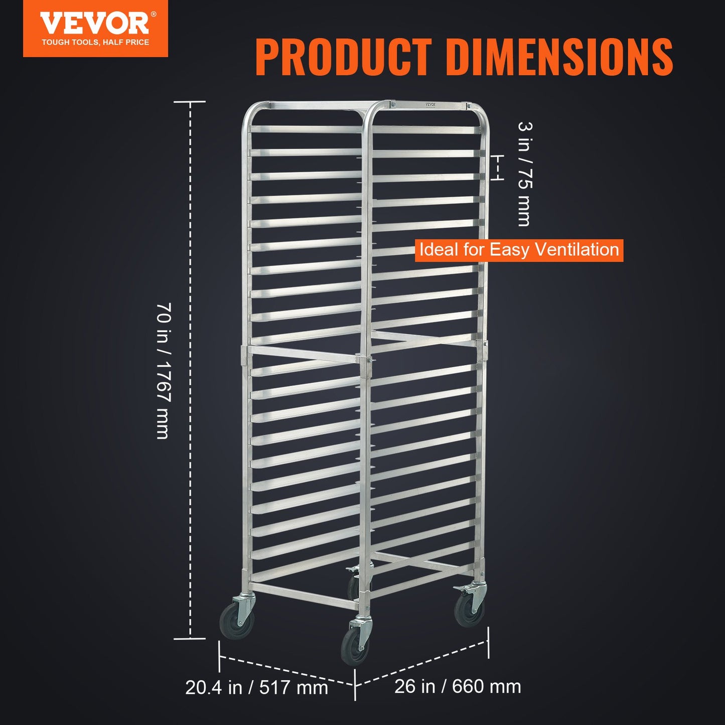 Bun Pan Rack, 20-Tier Commercial Bakery Racks With Brake Wheels, Aluminum Racking Trolley Storage For Half & Full Sheet, Speed Rack For Kitchen Home, Bread Baking Equipment, 26'L X 20.4'W X 70'H