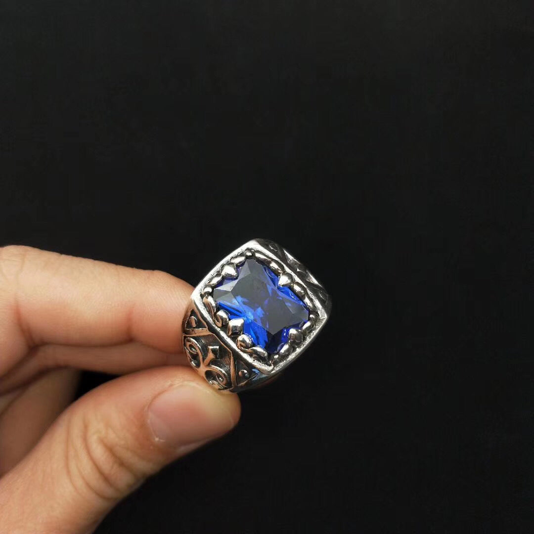 1pcs 925 Sterling Silver Ornate Blue Stone Statement Ring, Retro Masculine Style, Ideal For Birthdays & Men's Gothic Gifts