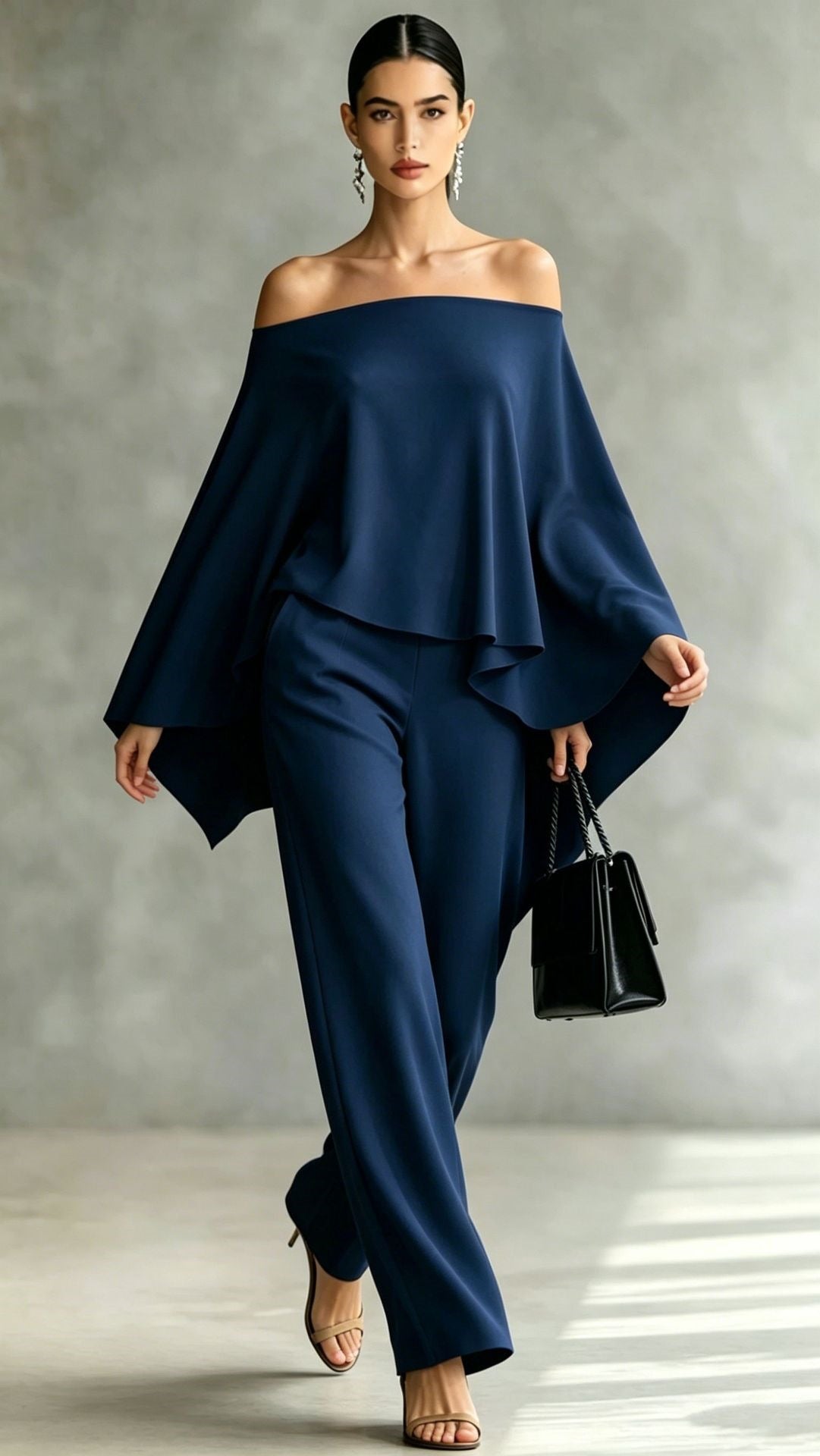 Autumn Fashion Off-Shoulder Wide-Leg Pants Set Womens Solid-Color Asymmetric Two-Piece Set