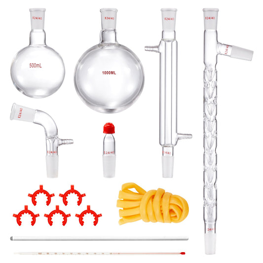 Lab Distillation Kit, 3.3 Boro Lab Glassware Distillation Kit With 24, 40 Joint, 1000ml Essential Oil Distillation Apparatus Kit, 14 Pcs Set Of Glassware Equipment