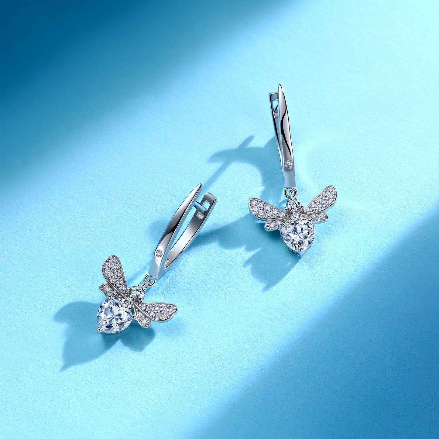 S925 Sterling Silver Heart Moissanite Wing Dangle Earrings, 6mm D-VVS1 Heart Cut Stone, Platinum Plated 3.9g Women's Jewelry Gift Box
