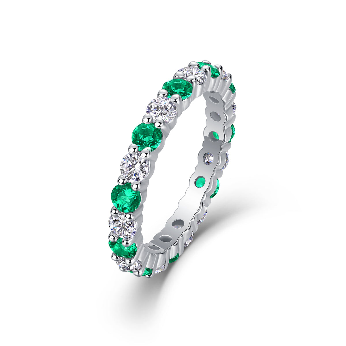 2.4g S925 Sterling Silver Platinum Plated Eternity Ring  Alternating Green & White Gemstone Band, Dainty Stackable Promise Ring For Women, Jewelry Gift Box Set