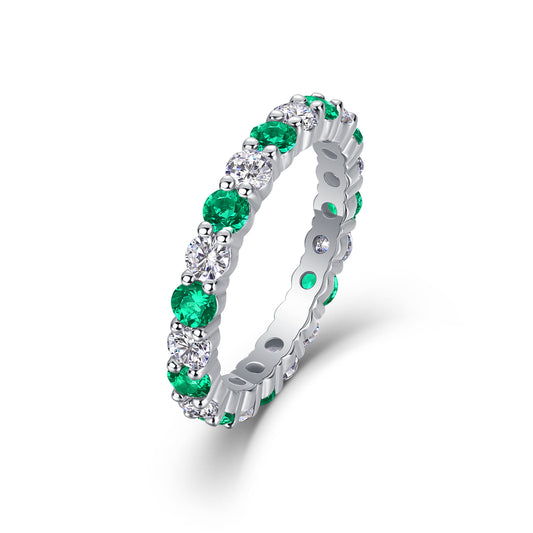 2.4g S925 Sterling Silver Platinum Plated Eternity Ring  Alternating Green & White Gemstone Band, Dainty Stackable Promise Ring For Women, Jewelry Gift Box Set