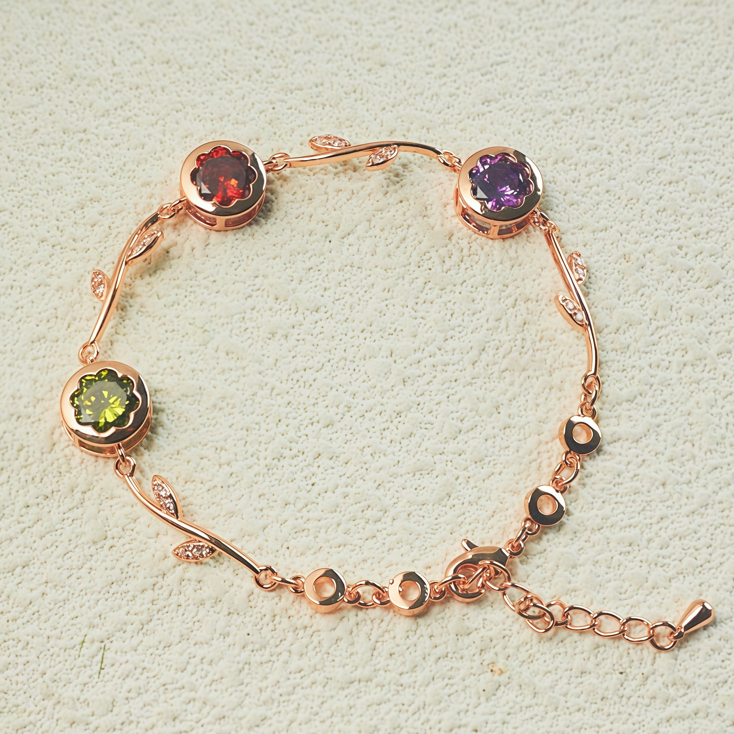 Rose Gold Branch Leaf Multicolor CZ Link Bracelet For Women, Copper Plated Silver Adjustable Extension Chain Floral Gem Wedding Daily Jewelry Gift