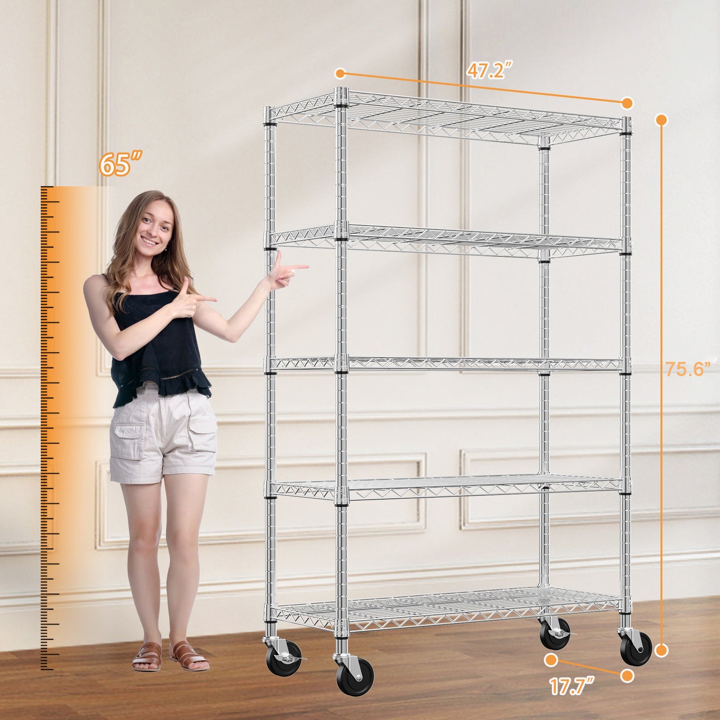 5-Shelf Storage Shelves,Wire Shelving Heavy Duty Metal Storage Shelving Unit Adjustable Garage Shelving Rack Pantry Kitchen  Chrome, 5 Tier,17.7  D X 47.2  W X 75.6  H